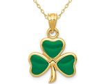 14K Yellow Gold 3-Leaf Clover Charm Pendant Necklace with Chain and Green Enamel 